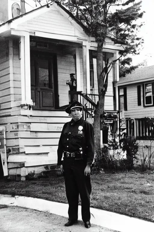 Image similar to a 5 0's police officer in front of the house, residential neighborhood