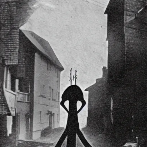 Image similar to scary unproportionally tall ghost creature in the middle of a village, 1920s picture