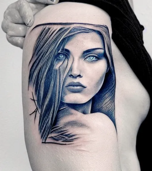 Image similar to tattoo design sketch of a beautiful blue - eyed woman face with a faded background of beautiful mountains and nature on her side, hyper - realistic, in the style of den yakovlev, amazing detail, black and white