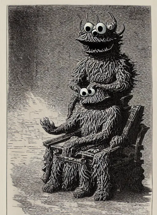 Image similar to cookie monster sits upon a throne of cookies, demon from the dictionarre infernal, etching by louis le breton, 1 8 6 9, 1 2 0 0 dpi scan, ultrasharp detail, clean scan