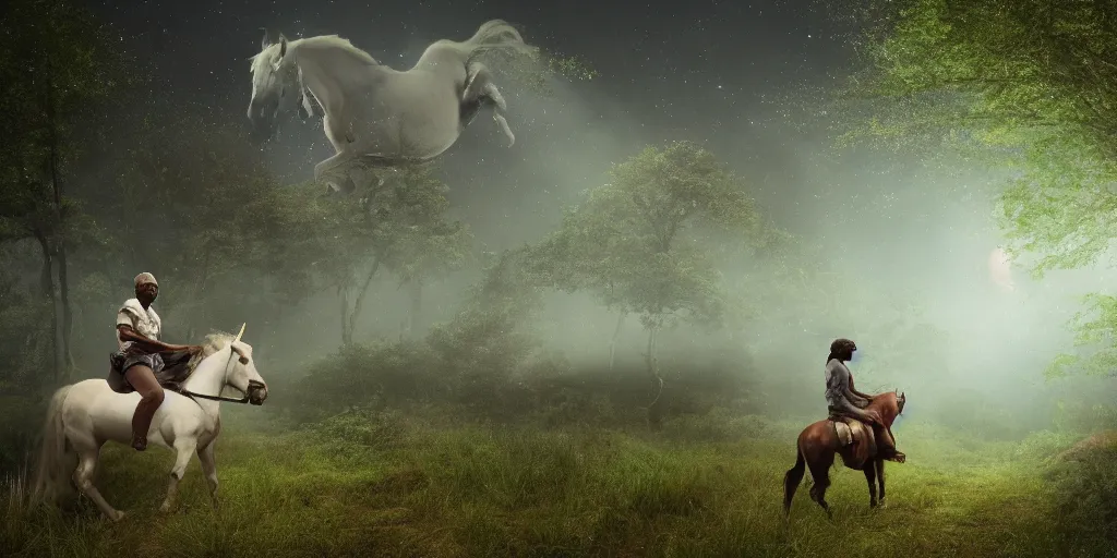 Image similar to morgan freeman riding an unicorn, in the middle of a forest, in the moonlight, night realism, 4 k, octane render, award winning photograph