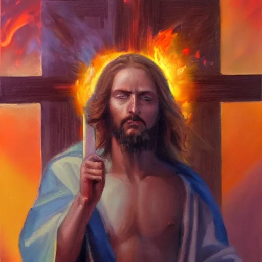 Image similar to Concept art of flaming Jesus on the cross, trending on artstation, oil on canvas, vivid color, ultra detailed.