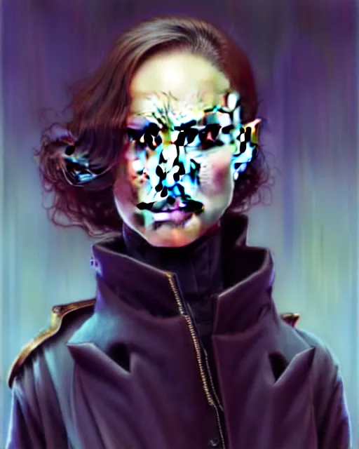 Image similar to beautiful fantasy character portrait, natalie portman, wearing oversized black trench coat, ultra realistic, wide angle, dramatic lighting, vultures, very seductive pose, cyberpunk artifacts, highly detailed by peter mohrbacher, hajime sorayama, wayne barlowe, boris vallejo, aaron horkey, gaston bussiere, craig mullins