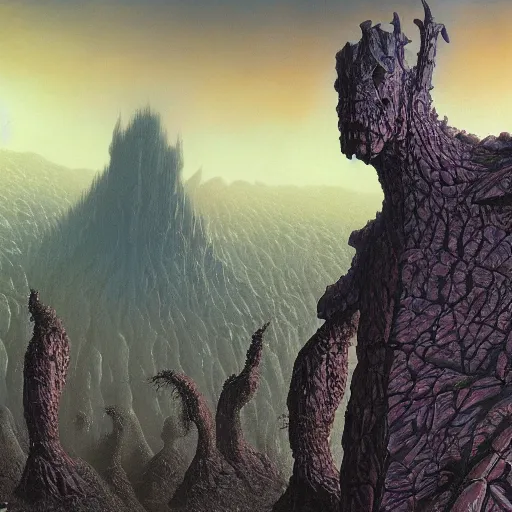 Image similar to concept art of a giant fractal golem, pride, day time, foreboding, fantasy, valley, wayne barlowe