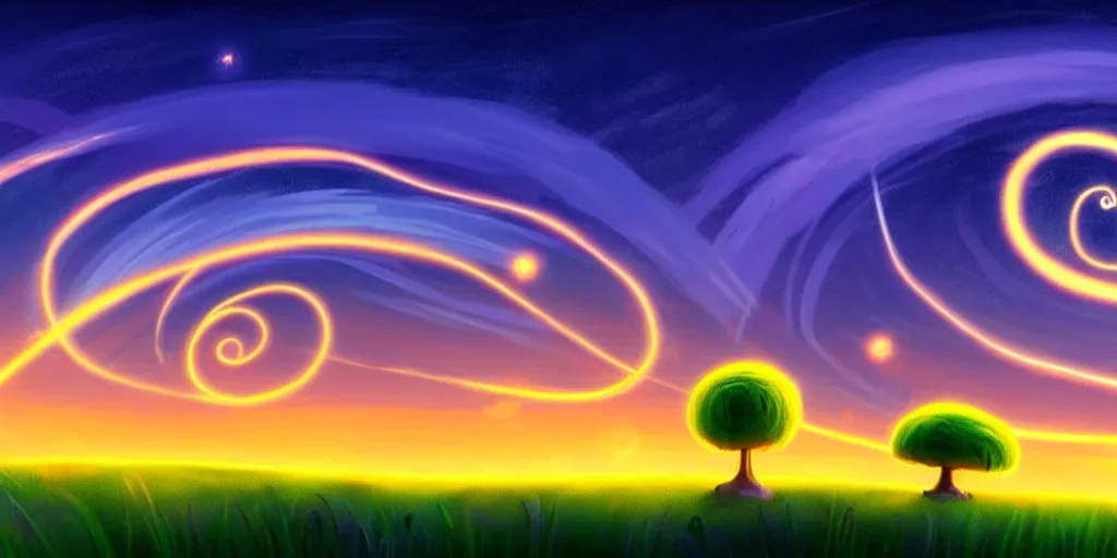 Image similar to cartoon concept art, calm night nightscape, spiral clouds, from lorax movie
