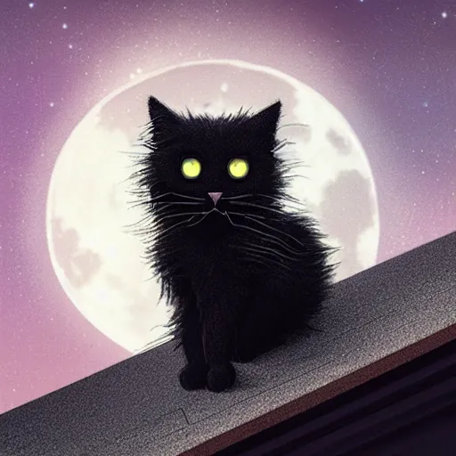 Prompt: fluffy black cat on a roof watching the full moon cyberpunk, futuresynth, digital art, high contrast, vibrant,Sharp focus, artstation, art by Artgerm