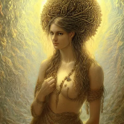 Image similar to perfectly centered portrait, beautiful fractal mushroom goddess, female, flowing hair, intense stare, sweet smile, symmetrical, concept art, intricate detail, volumetric shadows and lighting, realistic oil painting by gustave dore,