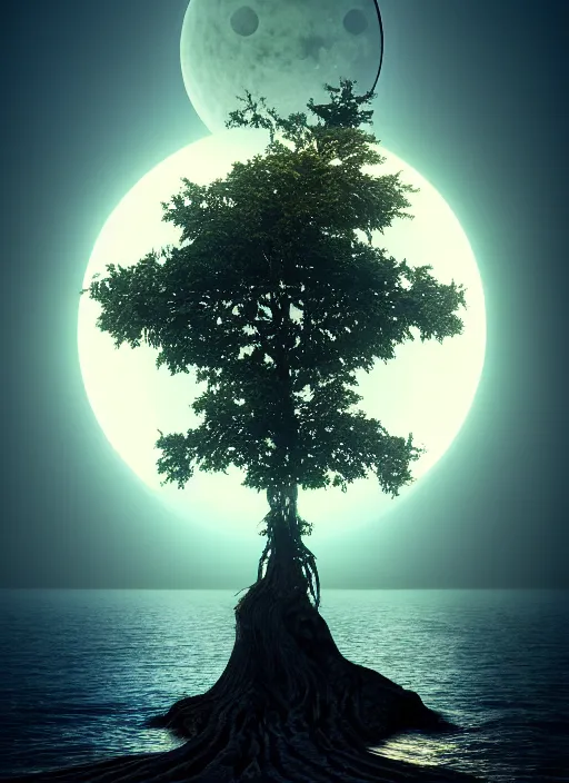 Image similar to a tree from which eyes hang instead of fruits, the tree is on top of a calm sea, in the background there is an eclipse that coincides with the tree. fantasy art, horror, nightmare, photo realistic, dynamic lighting, artstation, poster, volumetric lighting, very detailed faces, 4 k, award winning