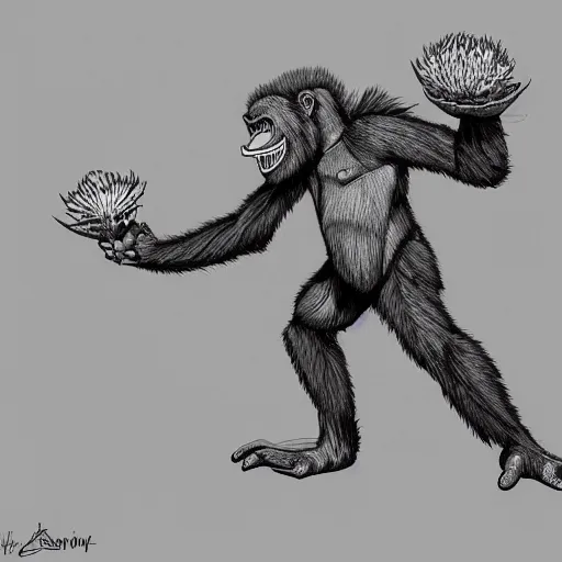 Image similar to A ape plant monster, highly detailed, digital art, sharp focus, trending on art station, artichoke, thistle, anime art style