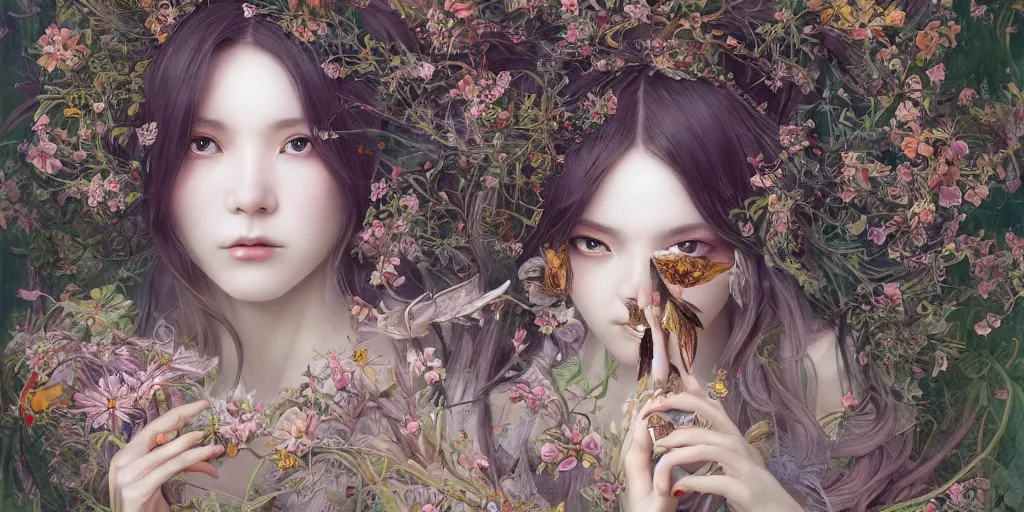 Image similar to breathtaking detailed concept art painting of the goddess of moth, orthodox saint, with anxious, piercing eyes, ornate background, amalgamation of leaves and flowers, by Hsiao-Ron Cheng, James jean, Miho Hirano, Hayao Miyazaki, extremely moody lighting, 8K