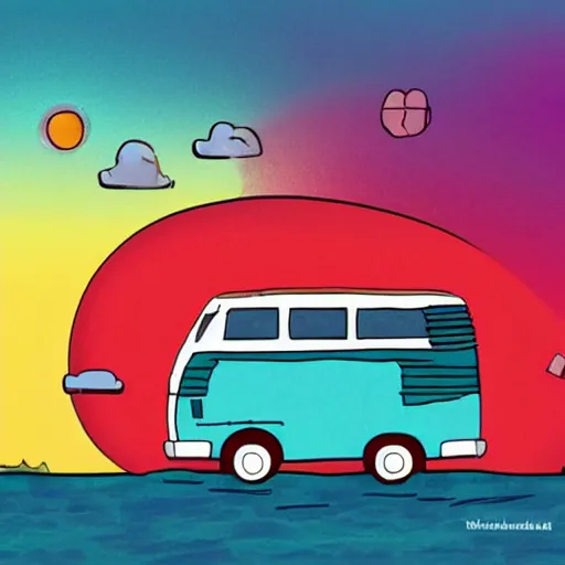 Prompt: beautiful cute cozy very little camper van by the water, sunset, puffy cute clouds, cute simple cartoon, vector, white background, watercolor, 4 colors!!!