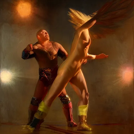 Image similar to bald wrestler breaking blonde wrestler's back, radiant light, caustics, heroic, bright iridescent light, by gaston bussiere, bayard wu, greg rutkowski, maxim verehin, epic wrestling combat, legendary