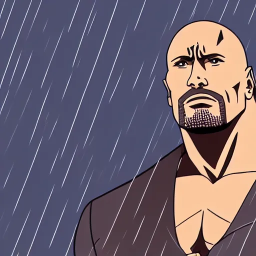Prompt: A portrait of Dwayne Johnson, in the style of modern anime, city, rain
