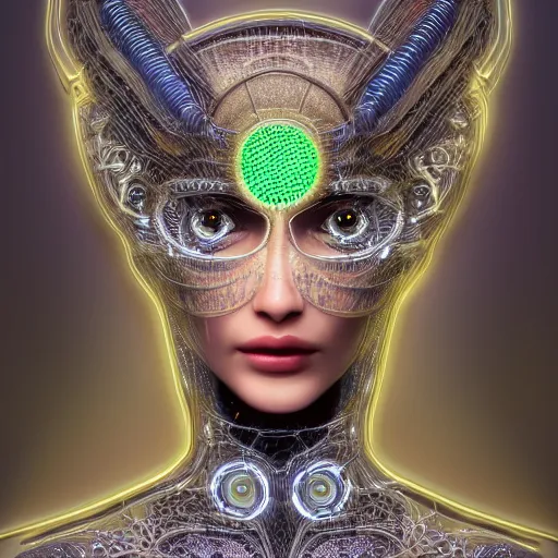 Image similar to very beautiful woman integrating with technology, full face frontal centered, portrait, insipiring, detailed intricate ornate cables connected to head, big open electric eyes, luxurious detailed abundent wiring and implants, diamonds, sci-fi, neon, emeralds, detailed technology full background, highly detailed, artstation, Rene Lalique and Eddie Mendoza and Gil Elvgren