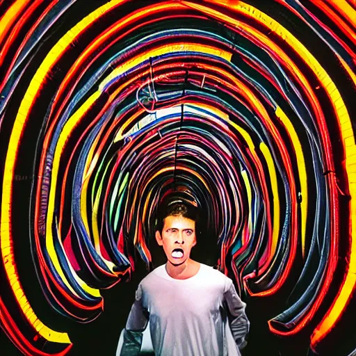 Image similar to terrified young man in a straightjacket running toward you in the Bund Sightseeing Tunnel, Shanghai, China by Alex Grey and Jeffrey Smith