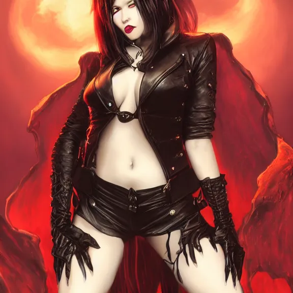 Prompt: A female vampire with generous cleavage in a leather pants, with a black leather jacket, big fangs dropping blood, devil wings , D&D , fantasy , highly detailed, digital art, artstation, smooth, sharp focus, fantasy illustration, art by Peter Tang and artgem and Alina Ivanchenko and Hirokazu Yokohara and Kago Shintaro