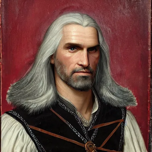 Image similar to a renaissance style portrait painting of Geralt de Rivia