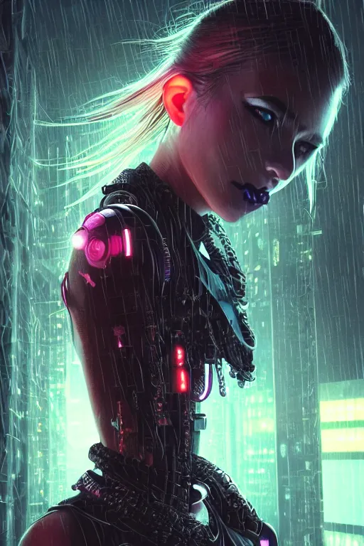 Image similar to portrait futuristic demonic cyberpunk young female pirate, in futuristic stormy thunder rainning tokyo rooftop cyberpunk night, ssci-fi, fantasy, intricate, very very beautiful, elegant, neon light, highly detailed, digital painting, artstation, concept art, soft light, hdri, smooth, sharp focus, illustration, art by tian zi and craig mullins and WLOP and alphonse mucha