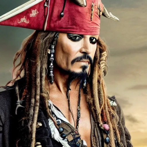 Prompt: still of Elizabeth Berkley as Captain Sparrow in Pirates of the Caribbean remake 2029