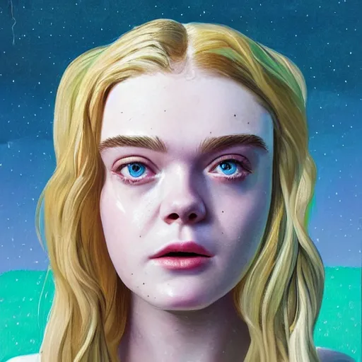 Prompt: professional painting of Elle Fanning in the style of Simon Stalenhag, head and shoulders portrait, symmetrical facial features, smooth, sharp focus, illustration, intricate, stormy weather, extremely detailed masterpiece,