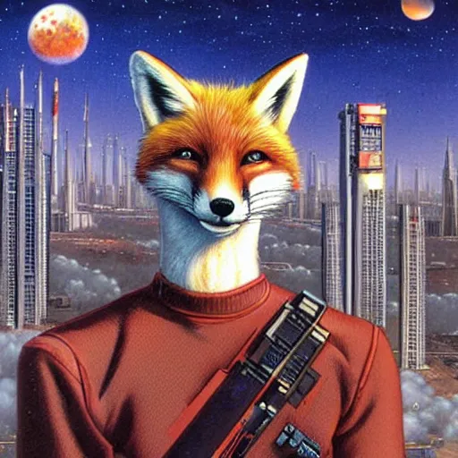Prompt: a portrait of fox mccloud by peter elson, furry art, with a sci fi city background by syd dutton
