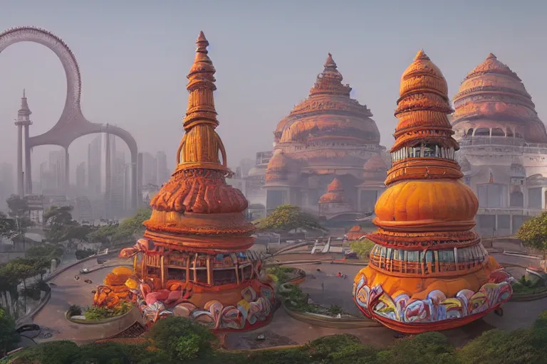 Image similar to high quality dreamscape! biomorphic new delhi, hanuman!! head building, kalighat, octane highly detailed cinematic, stephen shore & john j. park, soft morning light, wide shot, high angle, uhd 8 k, deep focus