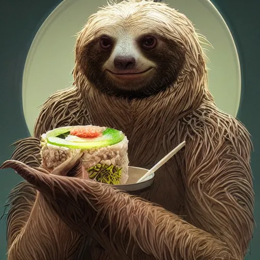 Prompt: detailed science - fiction character portrait of a sloth eating sushi, intricate, wild, highly detailed, digital painting, artstation, concept art, smooth, sharp focus, illustration, art by artgerm and greg rutkowski and alphonse mucha