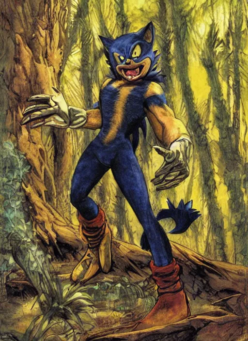 Image similar to sonic as wolverine in a forest by gerald brom by mikhail vrubel