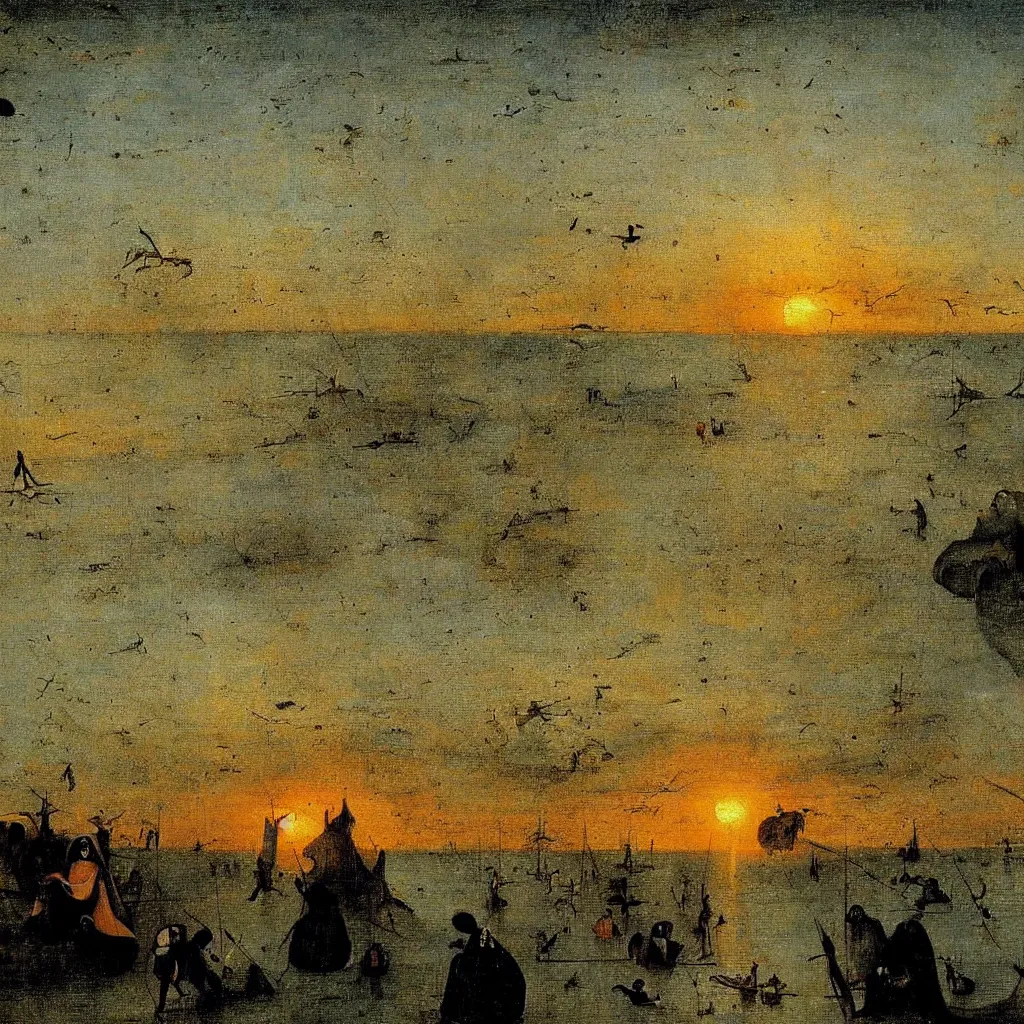 Image similar to Majestic sunset in the horizon at beach, painting by Hieronymus Bosch