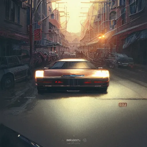 Prompt: detailed intricate digital illustration by greg rutkowski and artgerm and wlop and sanford robinson gifford ; 1 9 9 4 vehicle, 1 3 mm film, wide angle arri alfa anamorphic lens ; bright, vintage headlights and 1 9 9 0 s design ; sharp focus, soft evening lighting