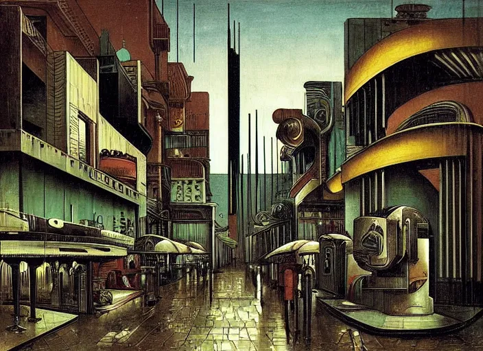 Prompt: melancholy rainy night at a cyberpunk cafe in an infinity cyberpunk city by giorgio de chirico