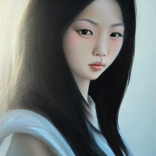Prompt: Asian girl, watery black eyes, long wavy black hair, white veil, front closeup, highly detailed, centered, oil painting, artstation, concept art by Arian Mark