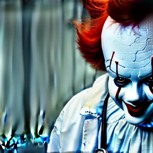 Image similar to a face and body photograph of pennywise dressed as a doctor in a hospital, with a lab coat, with a stethoscope, hyperdetailed, intricate, dramatic, horror movie, movie still, 4 k realistic, volumetric lighting, sharp focus