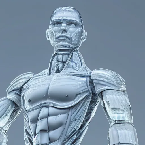 Image similar to made of ice, a realistic detailed photo of a guy who is an attractive humanoid who is half robot and half humanoid, who is a male android, on display, blank stare, showing off his muscles, shiny skin, posing like a statue, by the pool, frozen ice statue, twitch streamer / gamer ludwig, humanoid robot