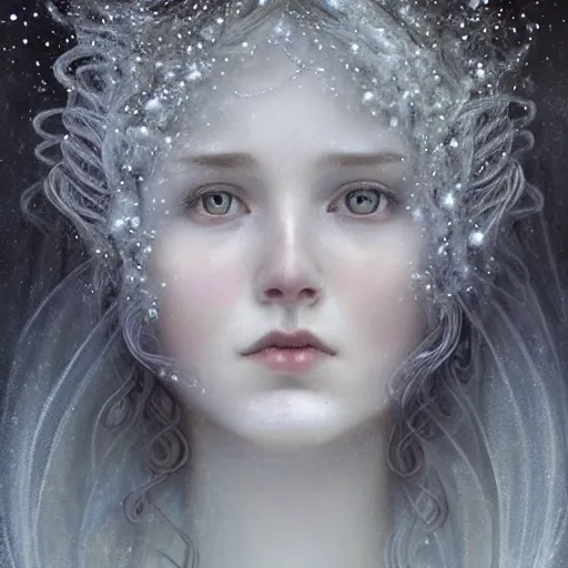 Prompt: Beautiful Delicate Detailed portrait of snow woman, With Magical grey eyes by Tom Bagshaw, Bastien Lecouffe Deharme, Erik Johansson, Amanda Sage, Alex Grey, Alphonse Mucha, Harry Clarke, Josephine Wall and Pino Daeni, Delicate winter frozen creature With long white windy Hair and Magical Sparkling Eyes, Magic Particles; Magic Swirls, in a oit of this world magical frozen landscape, 4K; 64 megapixels; 8K resolution concept art; detailed painting; digital illustration; hyperrealism; trending on Artstation; Unreal Engine Photorealistic, lifelike, Unreal Engine, sharp, sharpness, detailed, 8K