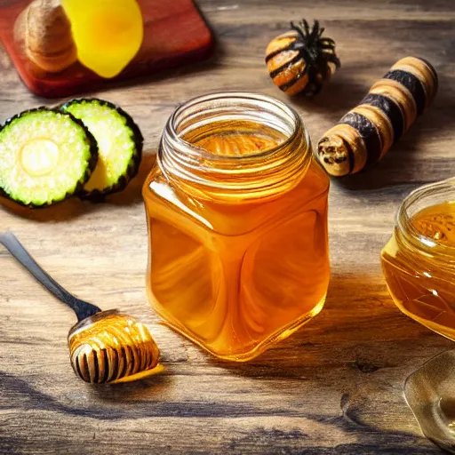 Image similar to a jar of honey with pickles inside, food photography, product image, honey pickles