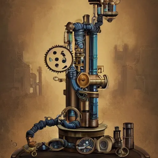 Image similar to A random pointless contraption ((steampunk)) industrial appliance pneumatic machine with no apparent purpose, being operated by a scholarly looking man with a clear directed gaze, artwork by Petros Afshar