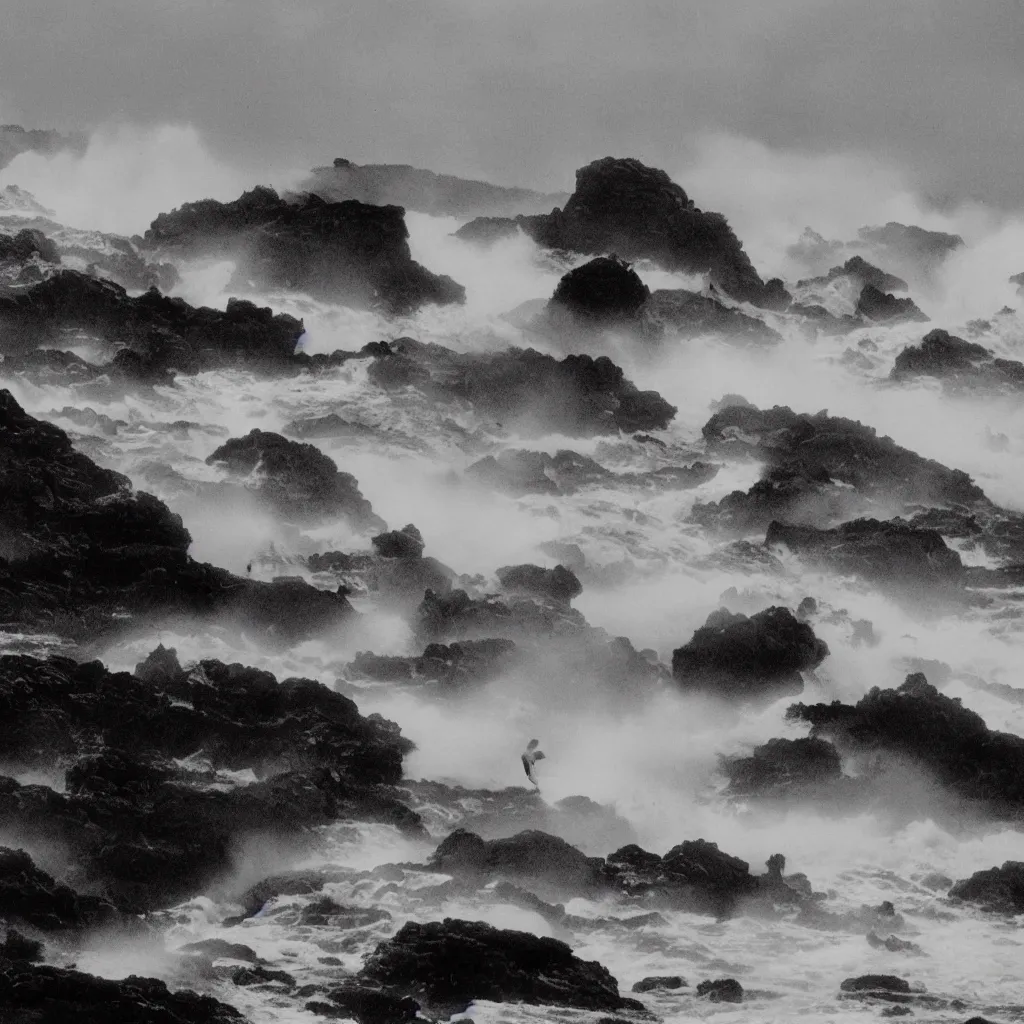 Image similar to dark and moody 1 9 7 0's artistic spaghetti western film in color, a large huge group of women in a giant billowing wide long flowing waving white dresses, standing inside a green mossy irish rocky scenic landscape, crashing waves and sea foam, volumetric lighting, backlit, moody, atmospheric, fog, extremely windy, soft focus