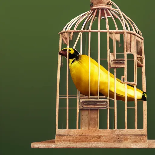 Image similar to a photo of a bird cage with a banana inside it, realistic, ultra high detail, 8 k.