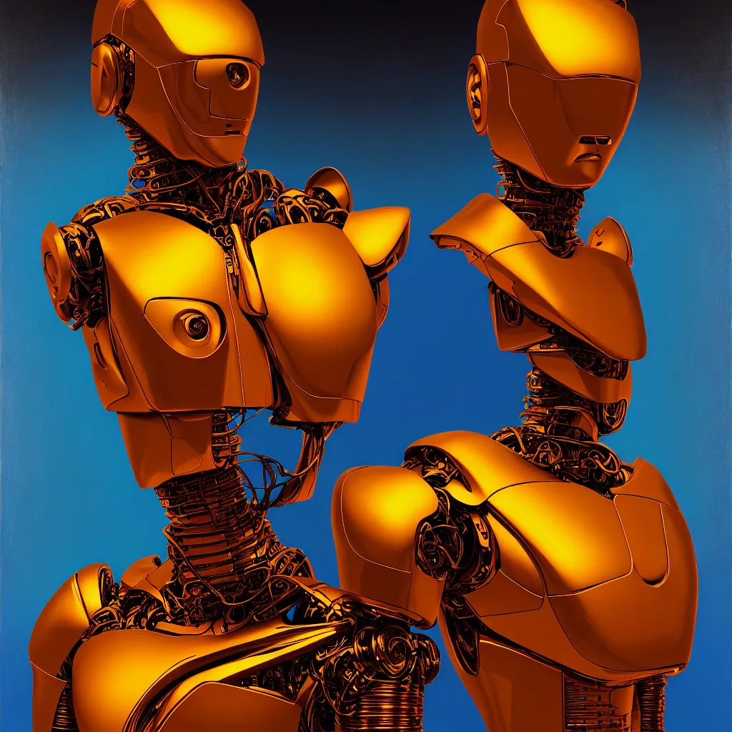 Image similar to cinematic bust portrait of psychedelic god robot from left, head and chest only, robotic improvements, part of Moebius, part of maxfield parrish, part of Thomas Ehretsmann,, oil on canvas, masterpiece, trending on artstation, cinematic composition, dramatic pose, beautiful lighting, sharp, details, hyper-detailed, volumetric lighting 4K