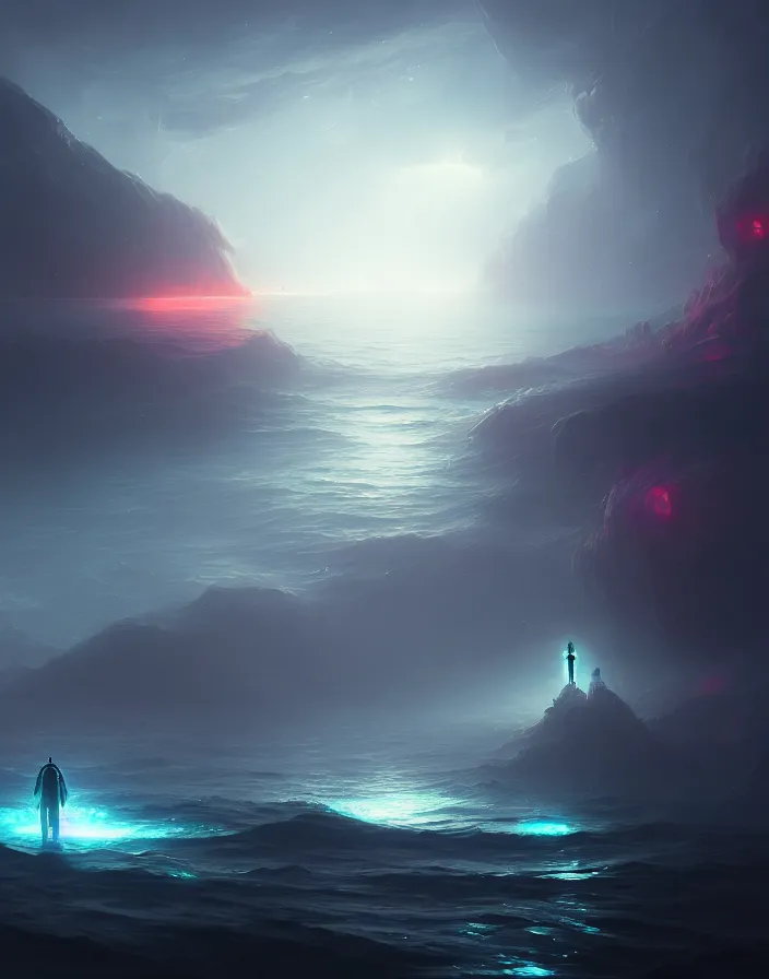 Image similar to All steam ahead, exploring the mysterious sea of the Metaverse full of glowing dangers, digital art, dark atmosphere by Marby Kwong, (((((((Makoto Shinkai Raphael Lacoste Martin Deschambault Finnian MacManus ArtStationhq IAMAG