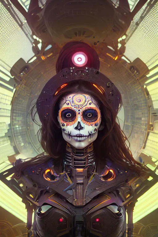 Image similar to ultra detailed, female android, scifi, fantasy, octane render, ( dia de los muertos, triadic color scheme, asymmetrical, intricate detailed, global illumination, concept art, art by michael welan and rossdraws and artgerm and greg rutkowski and alphonse mucha and loish and wlop. 8 k, hdr