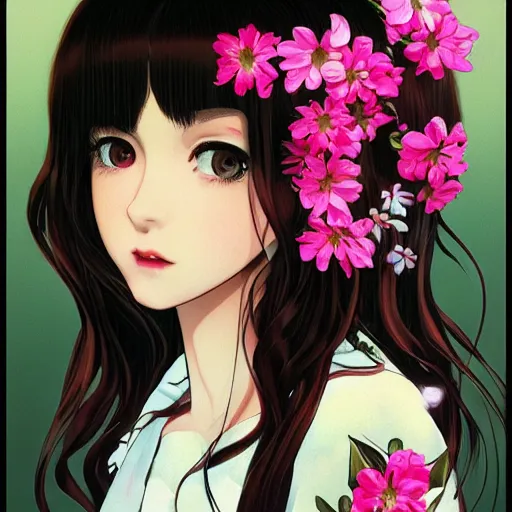 Prompt: little brunette girl with flowers in hair wearing an white dress. art by ilya kuvshinov, profile picture, inspired in hirohiko araki, highly detailed, 8 0 s anime art style, vogue cover