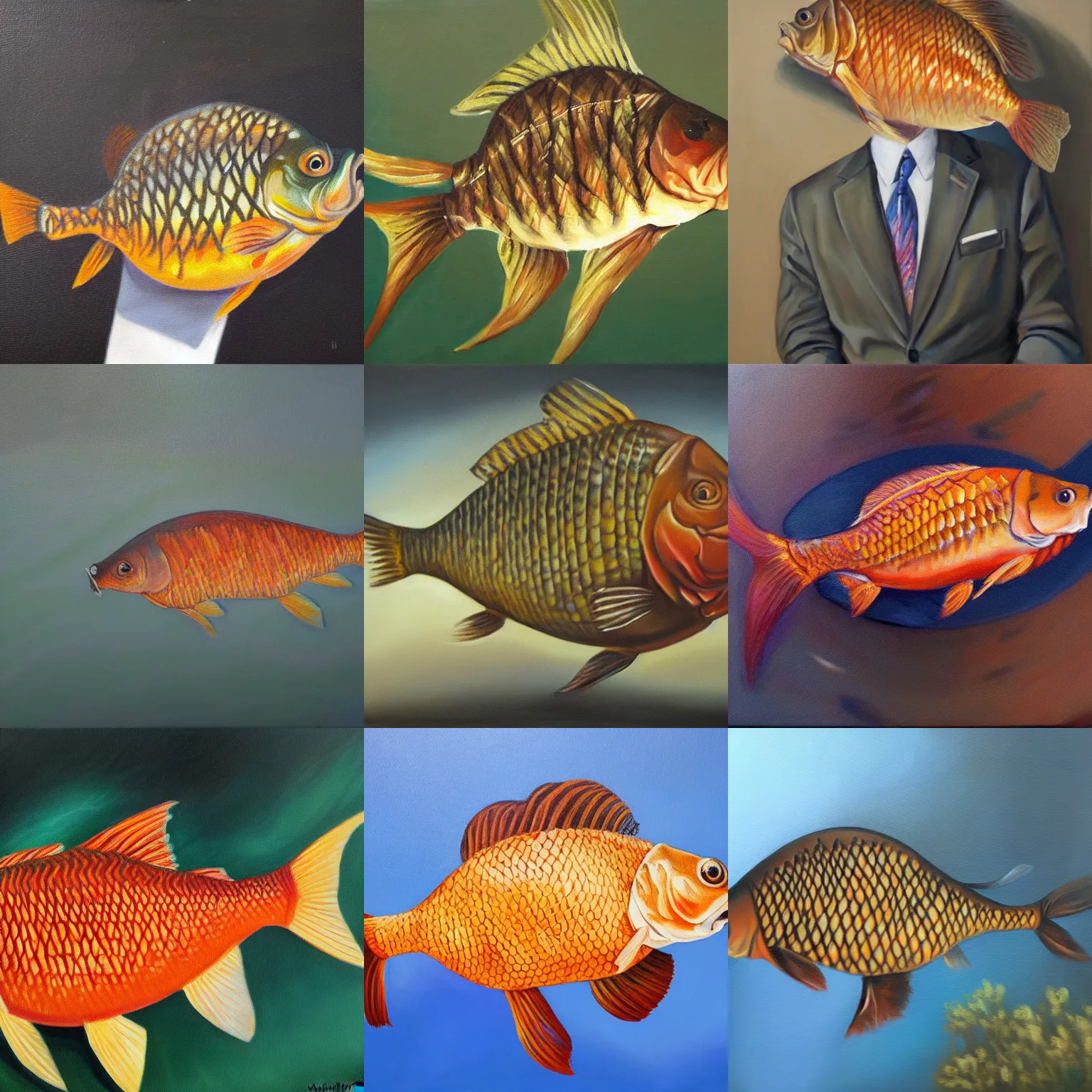 Prompt: a photorealistic oil painting portrait of a carp fish wearing a suit and tie