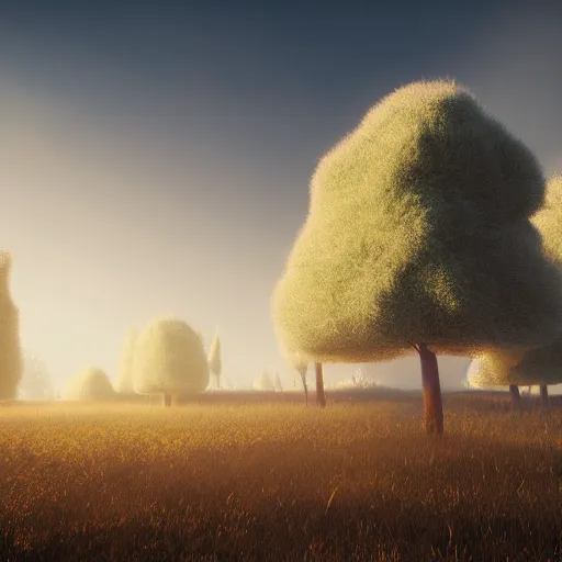 Image similar to Colorful fluffy trees in a field, octane render, volumetric lighting, 4K