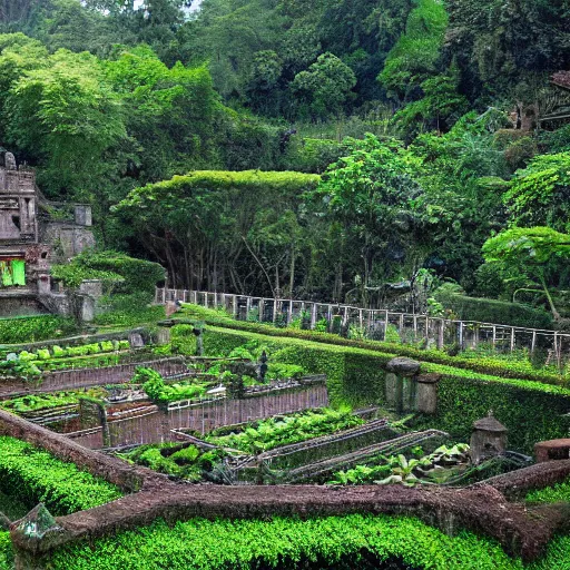 Prompt: highly detailed vegetable garden las pozas, lots of leaves, fence line, detailed. rule of thirds. intricate. sharp focus. wide angle. unreal engine 8 k. renaissance painting, wlop, cinematographer jim jarmusch, film noir