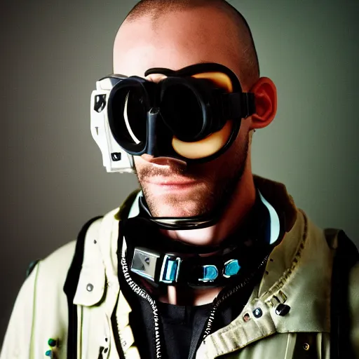 Image similar to kodak portra 4 0 0 photograph of a cybergoth guy wearing goggles and eclectic jewelry, moody lighting, telephoto, 9 0 s vibe, blurred background