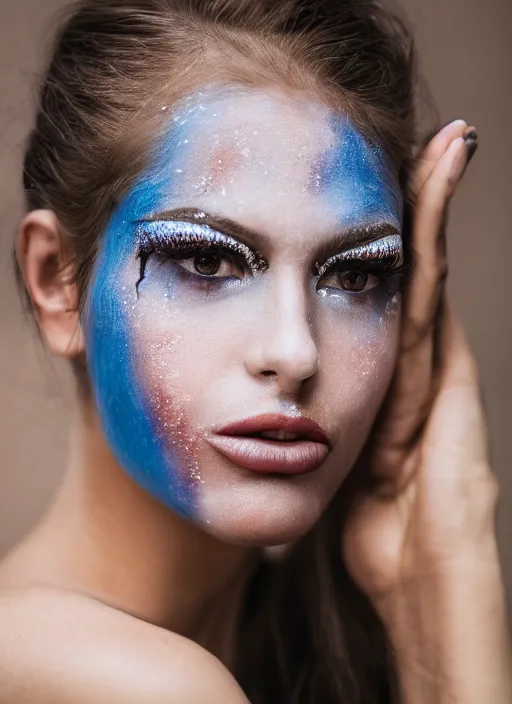 Image similar to a creative portrait of a beautiful female model, beauty shot, photography, creative makeup, face paint, female character, canon eos r 3, f / 1. 4, iso 2 0 0, 1 / 1 6 0 s, 8 k, raw, unedited, symmetrical balance, in - frame