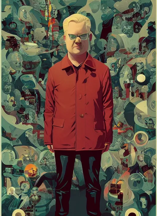 Image similar to poster artwork by Michael Whelan and Tomer Hanuka, Karol Bak of Jim Gaffigan hitman in peacoat from scene from Twin Peaks, clean, simple nostalgic, domestic