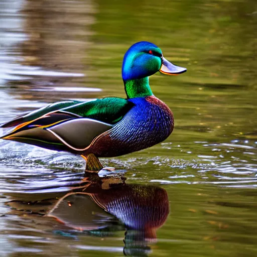 Prompt: a colorful mallard floating on a lake in the foothills of mount saint helens